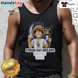 Alt Text: Official Colorado Rockies Monkey D. Luffy Straw Hat Dreams Wins tank top featuring vibrant graphics and team colors.