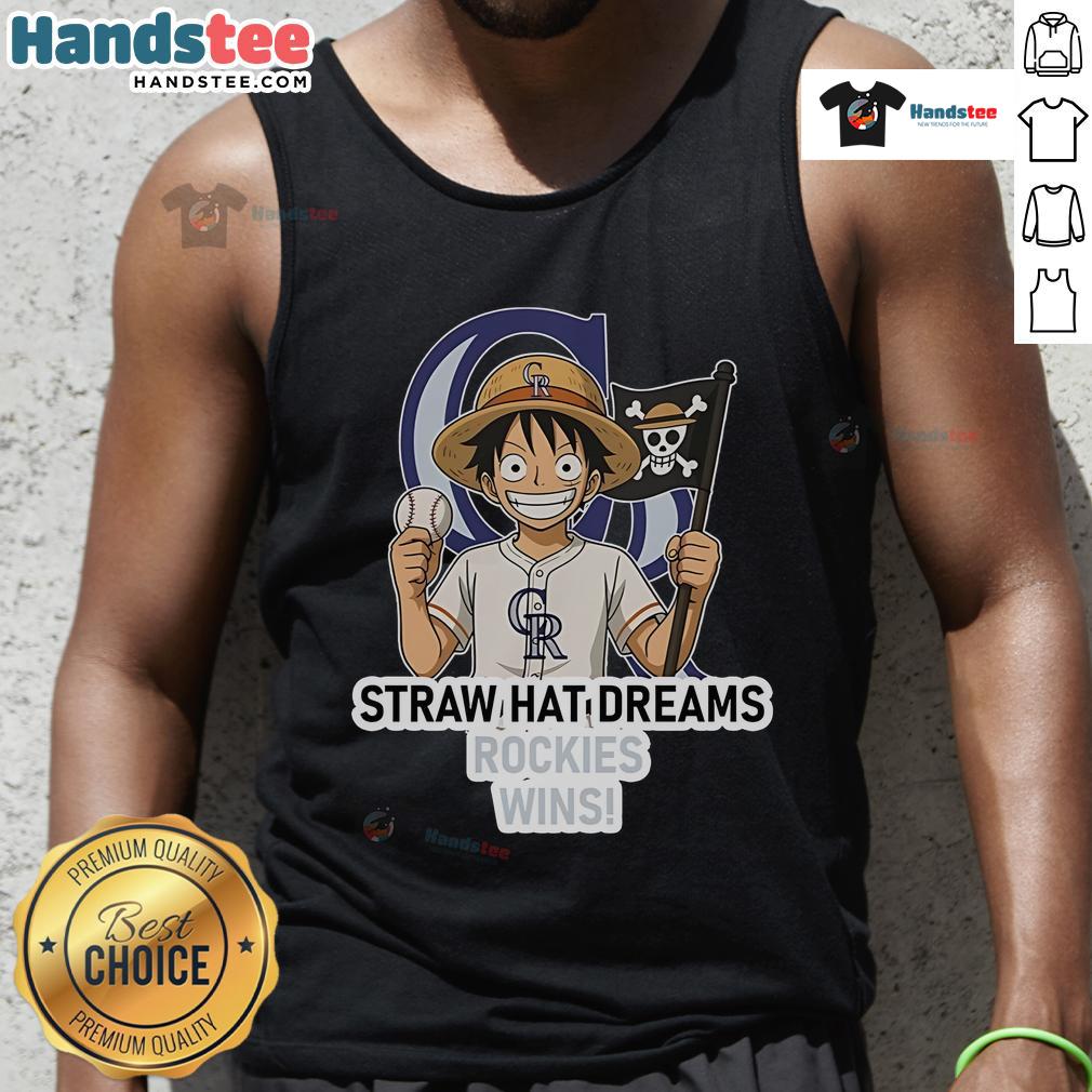 Alt Text: Official Colorado Rockies Monkey D. Luffy Straw Hat Dreams Wins tank top featuring vibrant graphics and team colors.