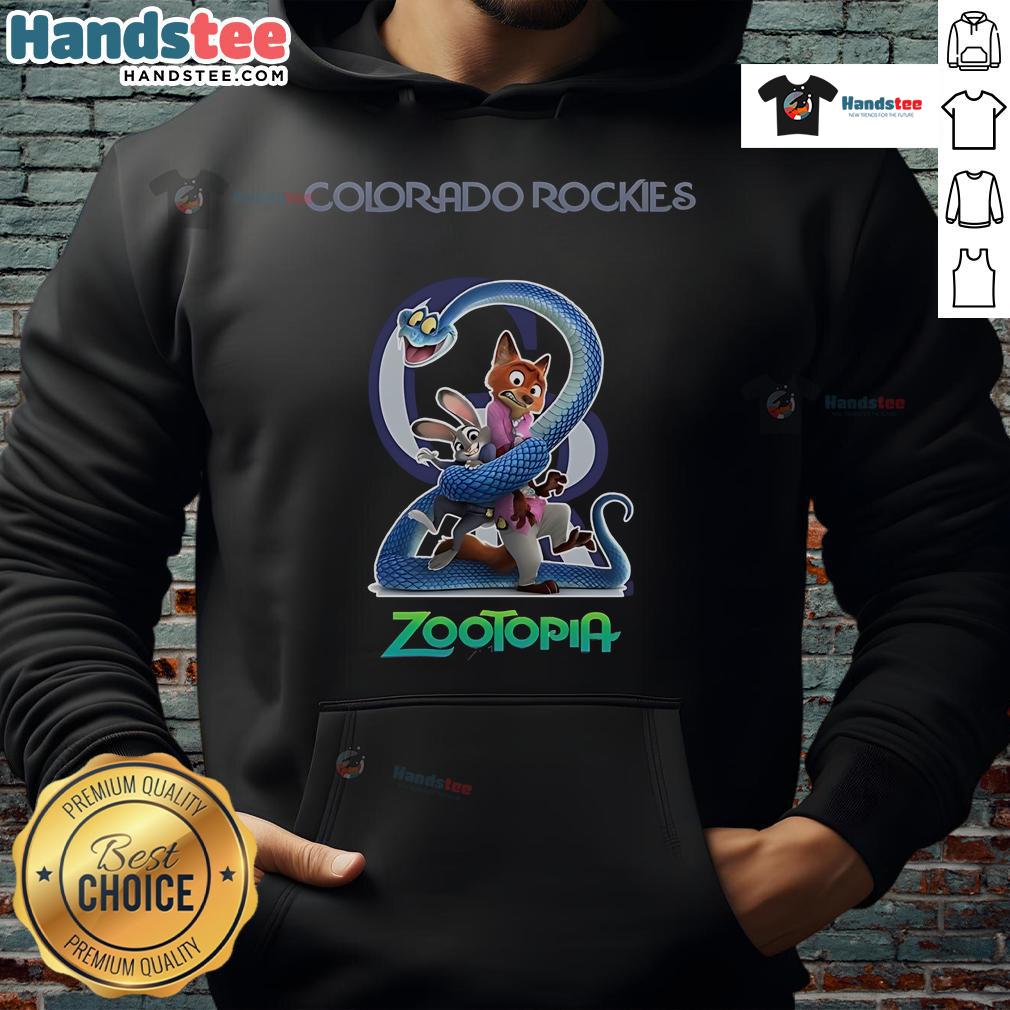 Official Colorado Rockies Zootopia 2 hoodie featuring vibrant graphics and a comfortable fit for fans and collectors.