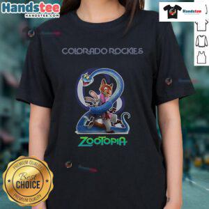 Official Colorado Rockies Zootopia 2 ladies tee featuring vibrant graphics and a stylish design for fans.