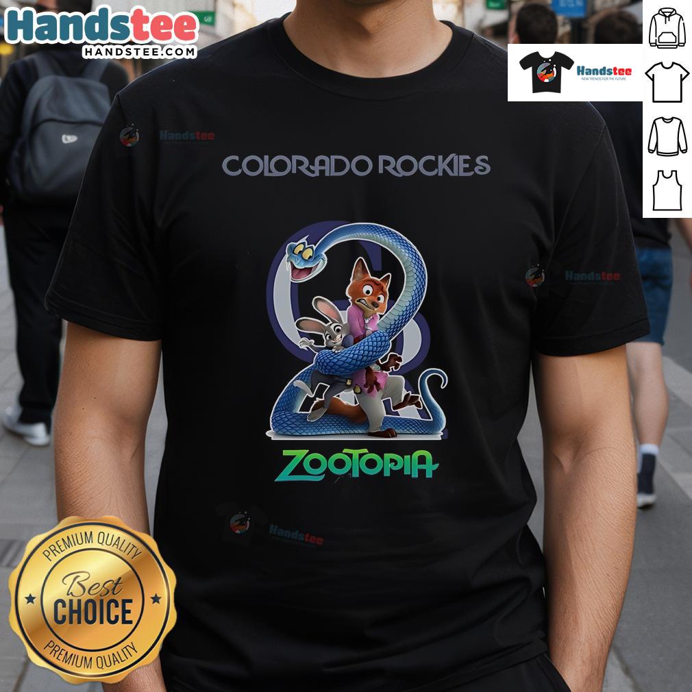 Official Colorado Rockies Zootopia 2 T-Shirt featuring vibrant graphics and team logo, perfect for fans and collectors.