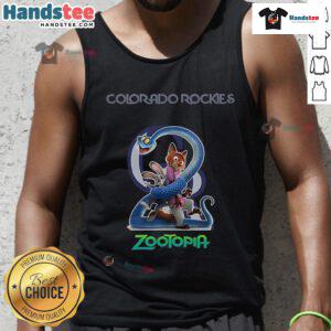 Official Colorado Rockies Zootopia 2 tank top featuring vibrant graphics and team logo, perfect for fans and summer wear.