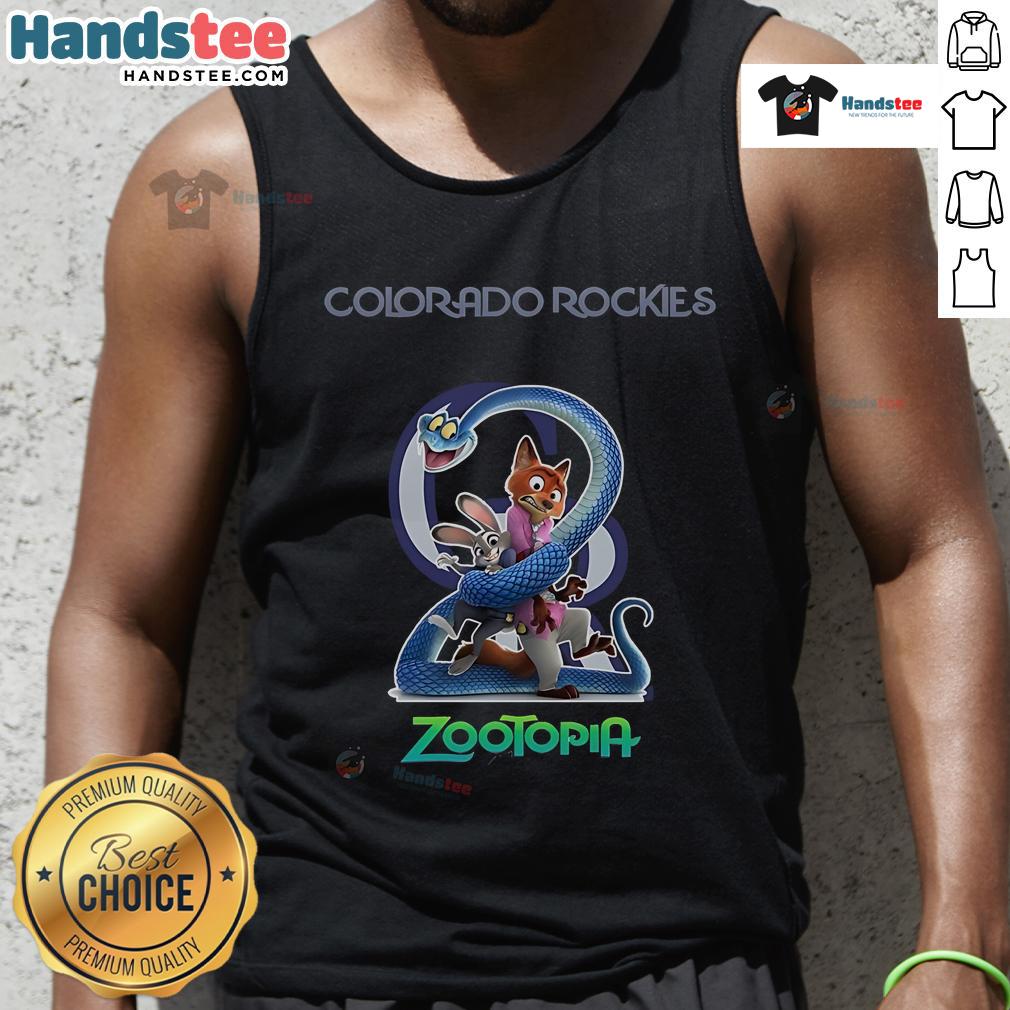 Official Colorado Rockies Zootopia 2 tank top featuring vibrant graphics and team logo, perfect for fans and summer wear.