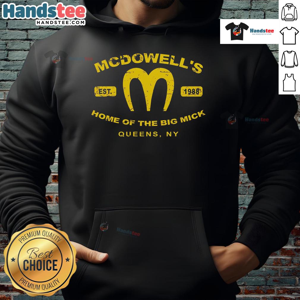 Alt Text: Official Coming to America McDowell's Home of the Big Mick hoodie, established 1988, Queen NY, stylish design.