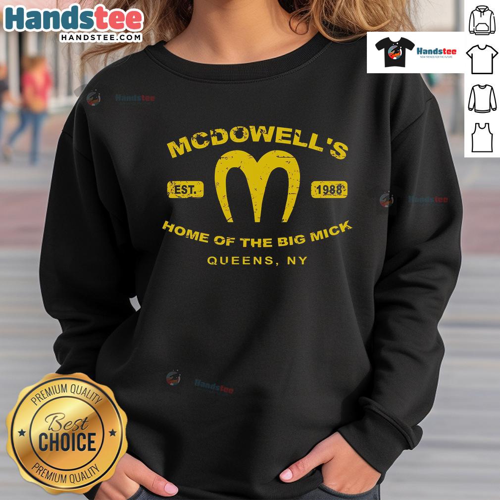 Alt Text: Official Coming to America McDowell's Home of the Big Mick Est. 1988 Queen NY sweatshirt in stylish design.
