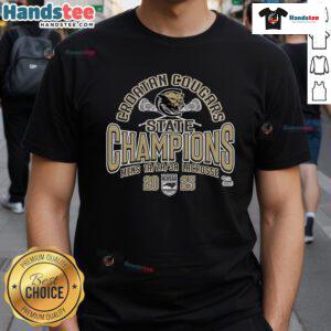 Official Croatan Cougars NCHSAA Men's Lacrosse 2025 State Champions T-Shirt featuring team logo and winning colors.