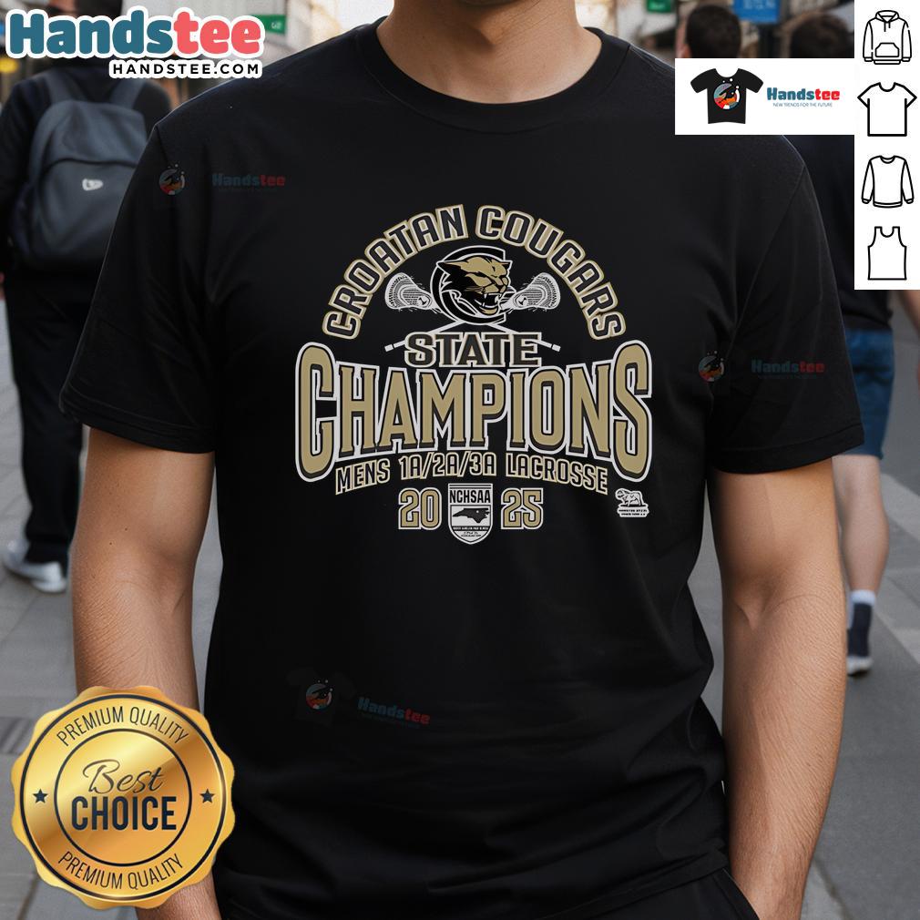 Official Croatan Cougars NCHSAA Men's Lacrosse 2025 State Champions T-Shirt featuring team logo and winning colors.