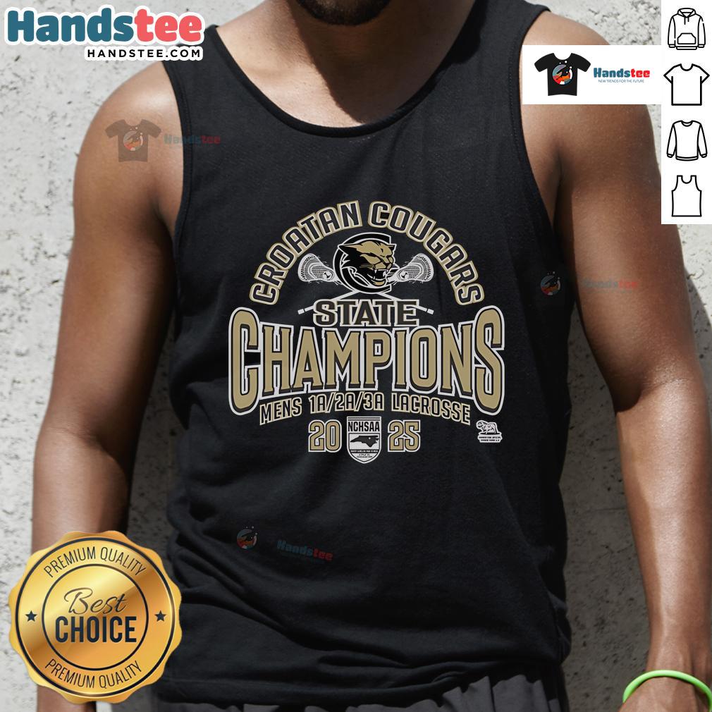 Official Croatan Cougars NCHSAA Men's Lacrosse 2025 State Champions tank top featuring team logo and championship design.