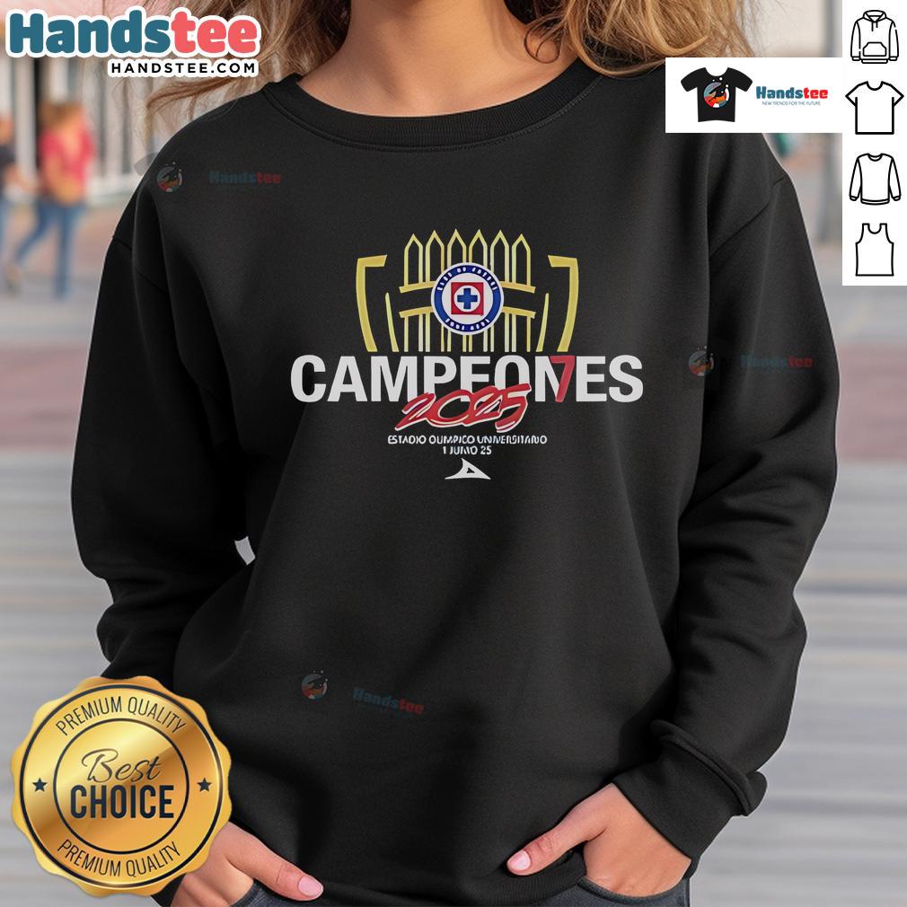 Official Cruz Azul Campeones 2025 sweatshirt featuring team logo and champion design for fans and collectors.