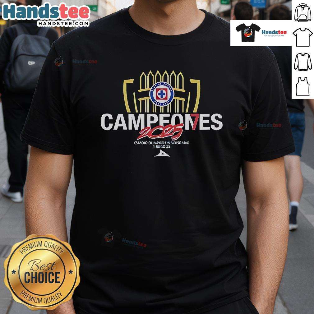Official Cruz Azul Campeones 2025 T-Shirt featuring team logo and championship design, perfect for fans celebrating the victory.