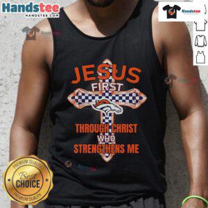 Official Denver Broncos Jesus tank top featuring 'First Through Christ Who Strengthens Me' design for fans.