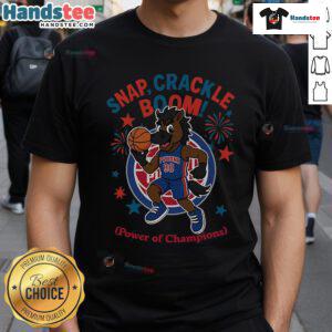 Alt Text: Official Detroit Pistons Snap Crackle Boom Power Of Champions Independence Day T-Shirt in red, white, and blue design.