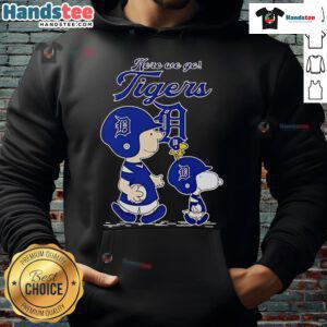 Official Detroit Tigers hoodie featuring 'Here We Go' design inspired by The Peanuts Movie, perfect for fans and cozy wear.
