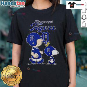Official Detroit Tigers Here We Go Ladies Tee featuring Peanuts Movie design, perfect for fans and casual wear.