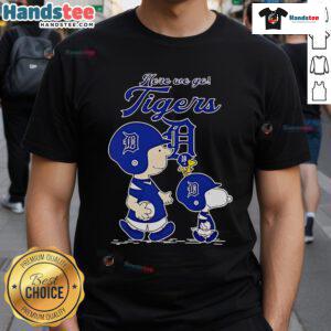 Official Detroit Tigers 'Here We Go' T-Shirt featuring Peanuts Movie design, perfect for fans and casual wear.
