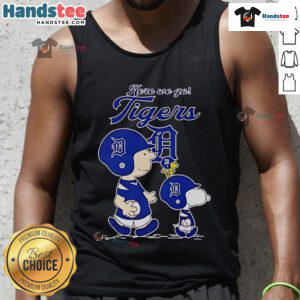 Official Detroit Tigers Here We Go tank top featuring Peanuts Movie design, perfect for baseball fans and summer wear.