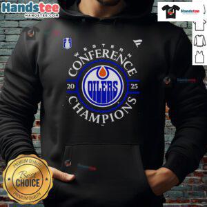 Alt Text: Official Edmonton Oilers 2025 Western Conference Champions locker room hoodie showcasing team logo and championship pride.