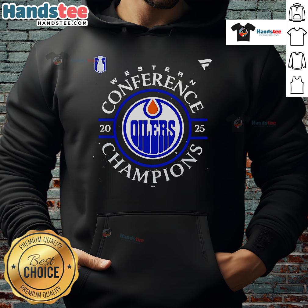 Alt Text: Official Edmonton Oilers 2025 Western Conference Champions locker room hoodie showcasing team logo and championship pride.