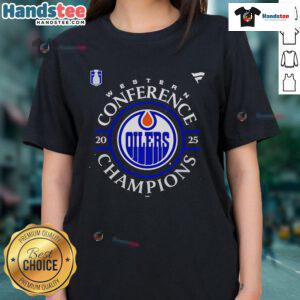 Official Edmonton Oilers 2025 Western Conference Champions locker room ladies tee in vibrant team colors.