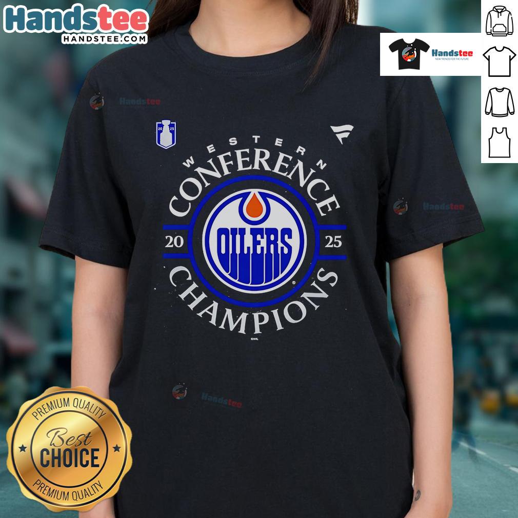 Official Edmonton Oilers 2025 Western Conference Champions locker room ladies tee in vibrant team colors.