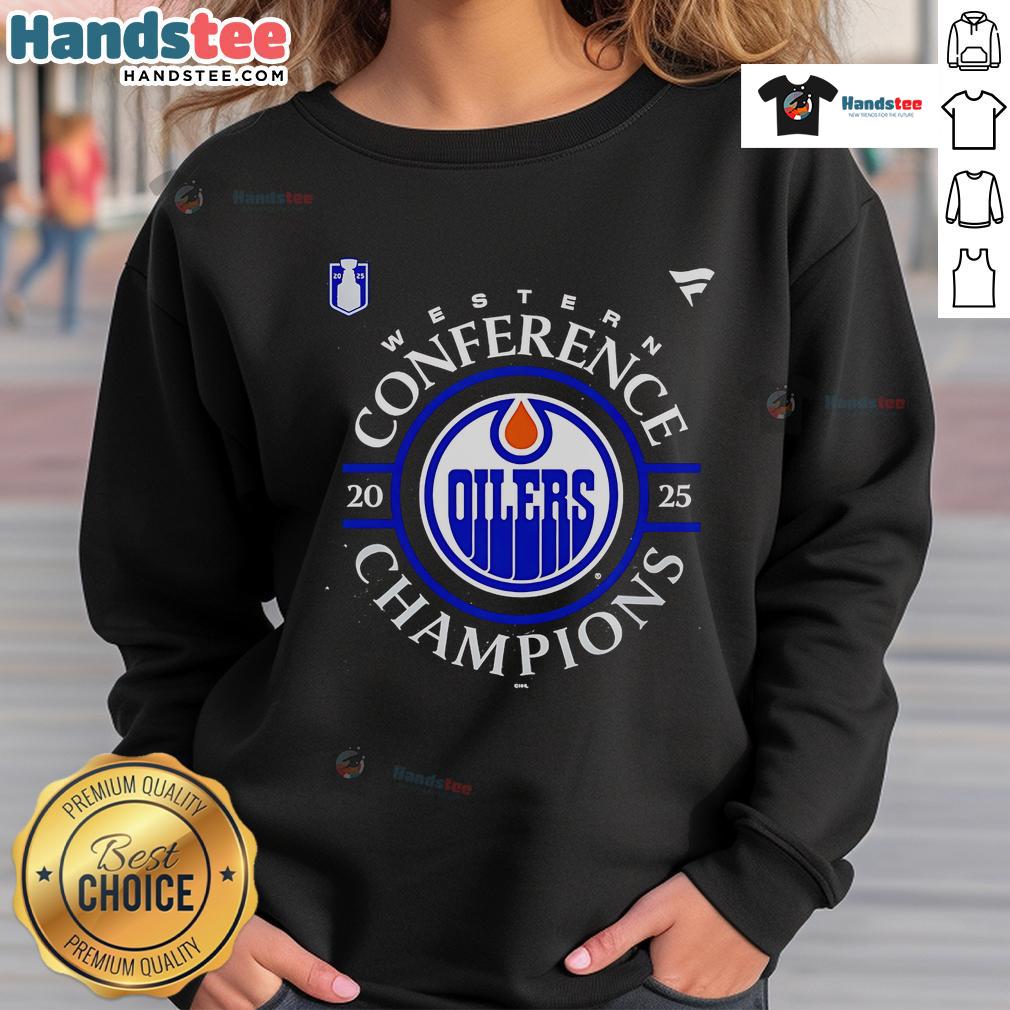 Alt Text: Official Edmonton Oilers 2025 Western Conference Champions locker room sweatshirt displayed on a hanger.