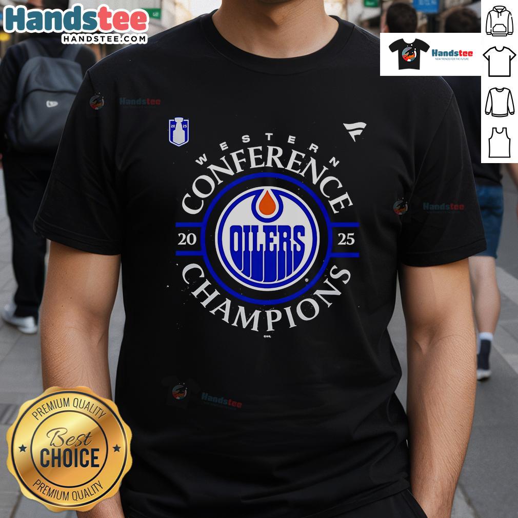 Official Edmonton Oilers 2025 Western Conference Champions Locker Room T-Shirt featuring team logo and championship design.