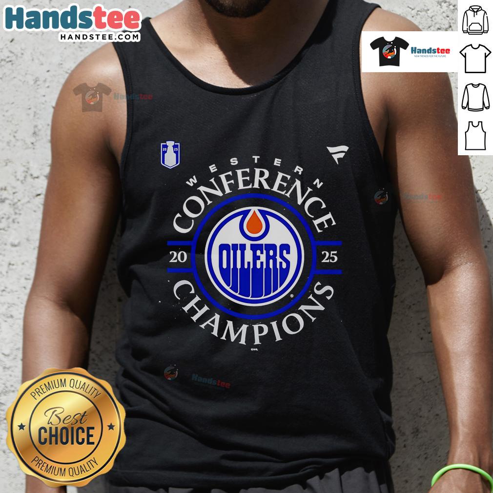 Official Edmonton Oilers 2025 Western Conference Champions locker room tank top design showcasing team pride and spirit.