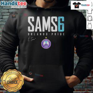 Official Emily Sams Orlando Pride Elite 6 Hoodie featuring vibrant colors and a unique design celebrating pride.
