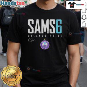 Official Emily Sams Orlando Pride Elite 6 T-Shirt featuring vibrant colors and team logo, perfect for fans.