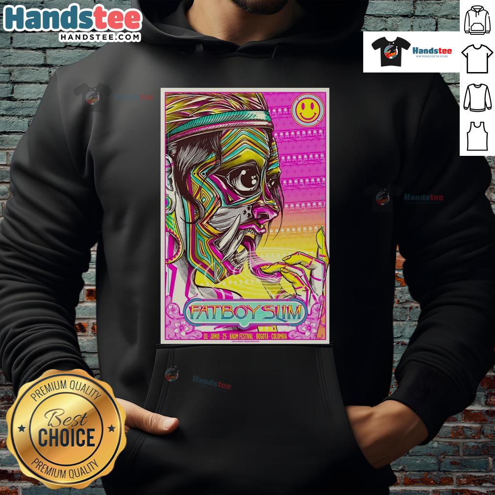 Fatboy Slim Baum Festival Bogot 2025 poster on a hoodie, showcasing vibrant design and event details.