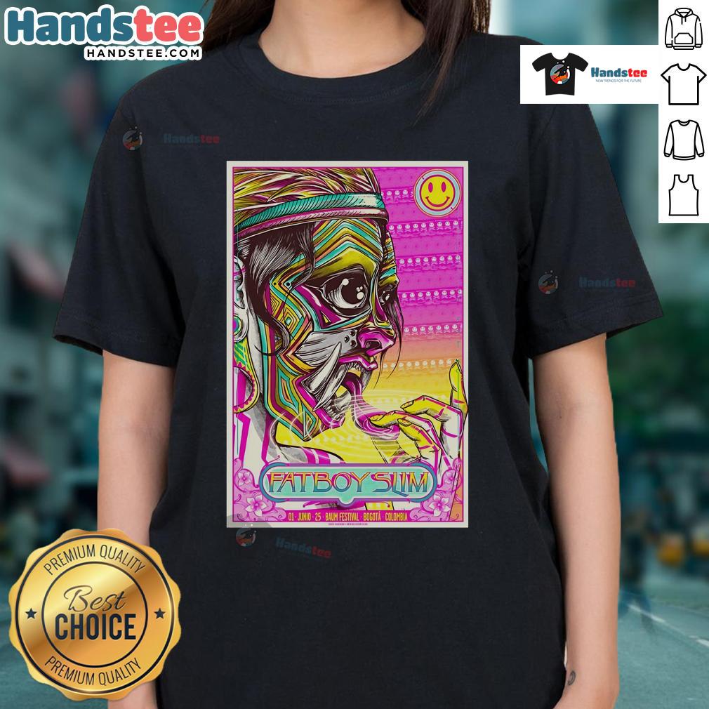 Alt Text: Official Fatboy Slim Baum Festival poster for Bogota, Colombia, featuring ladies tee design, June 1, 2025.