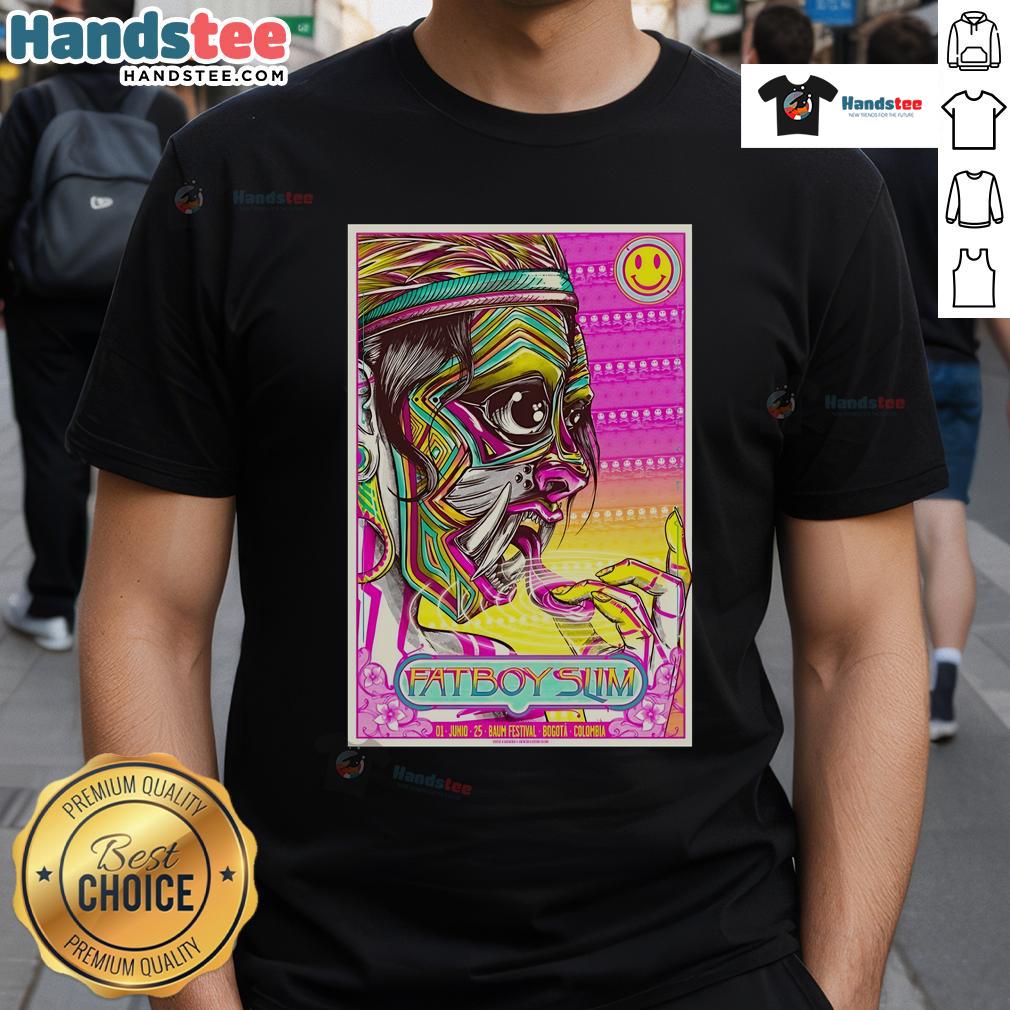 Official Fatboy Slim Baum Festival poster t-shirt design for Bogota, Colombia, June 1, 2025.