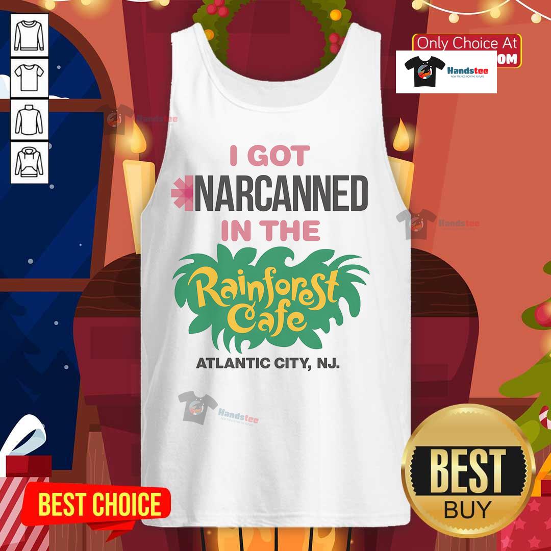 Official I Got Narcanned in the Cafe Atlantic City NJ tank top design displayed on a model in a vibrant cafe setting.