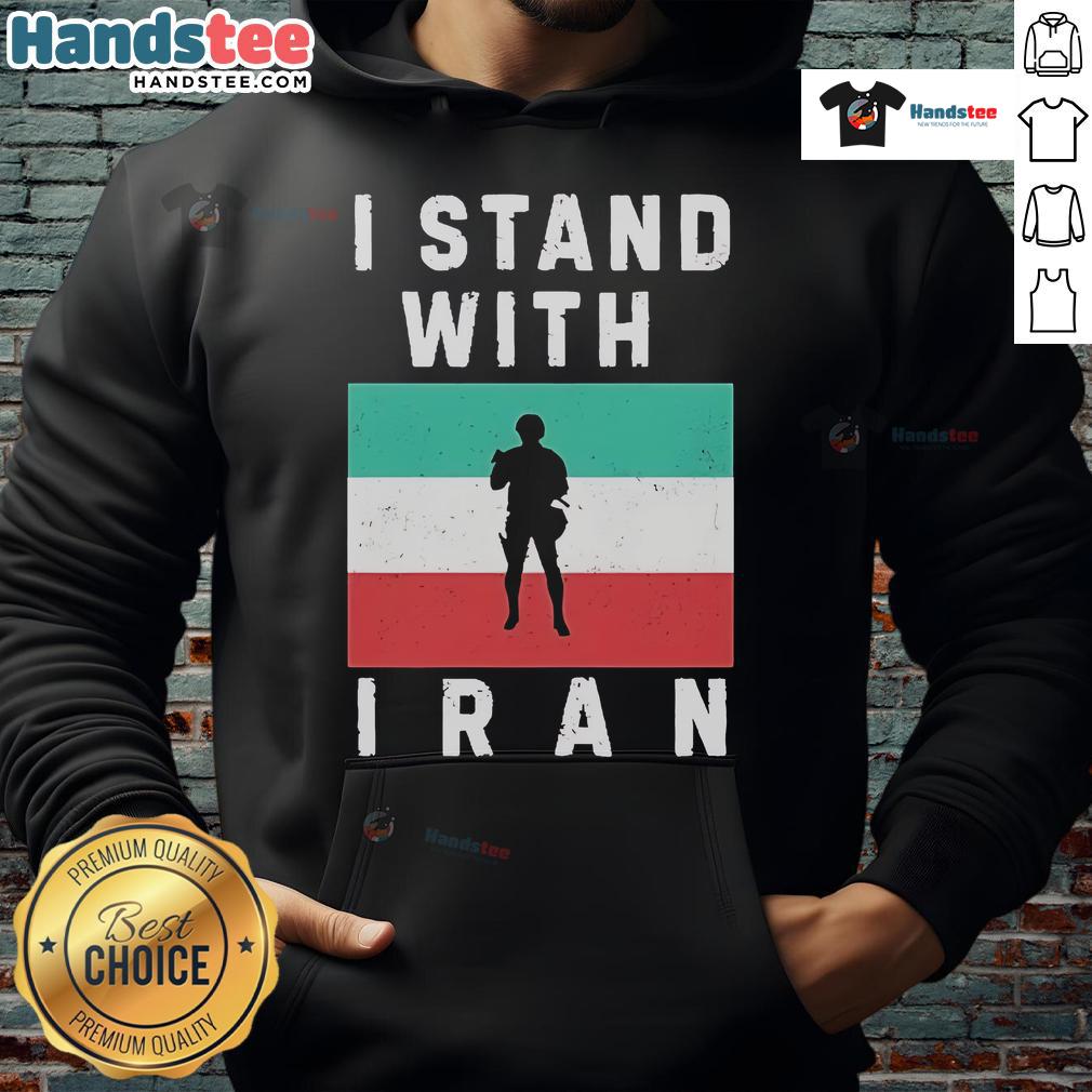 Official I Stand With Iran Protest Hoodie featuring bold text and symbolic design, supporting Iranian protest movements.