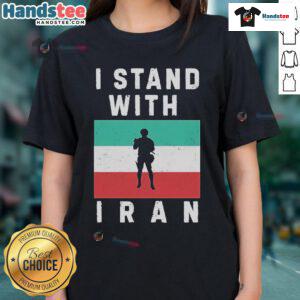 Official I Stand With Iran Protest Ladies Tee featuring bold graphic design supporting women's rights in Iran.