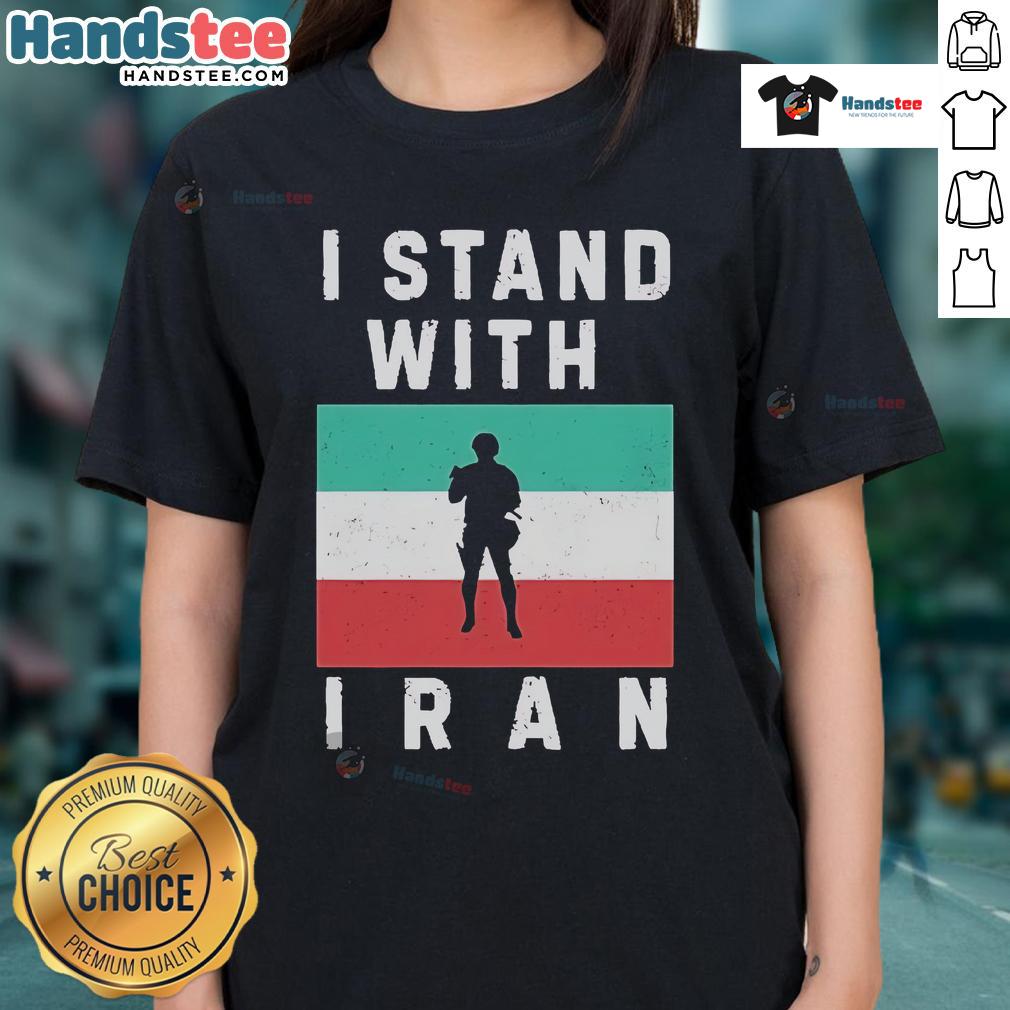 Official I Stand With Iran Protest Ladies Tee featuring bold graphic design supporting women's rights in Iran.