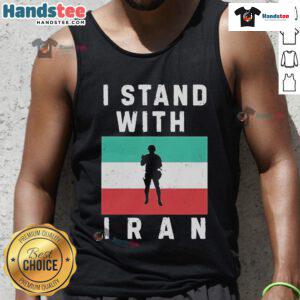 Alt Text: Woman wearing an 'I Stand With Iran' protest tank top, showcasing support for Iranian activism and human rights.