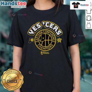 Official Indiana Pacers Yes 'Cers Eastern Conference Champions 2025 Ladies Tee showcasing team pride and style.