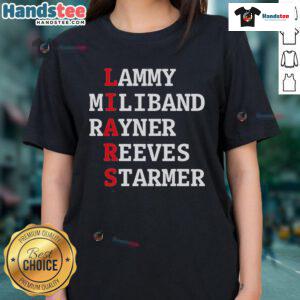Alt Text: Official Lammy Miliband Rayner Reeves Starmer Ladies Tee featuring vibrant design and political motifs.
