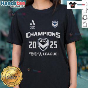 Official Melbourne City Victory Champions A-League 2025 ladies tee in vibrant design, celebrating women's football success.