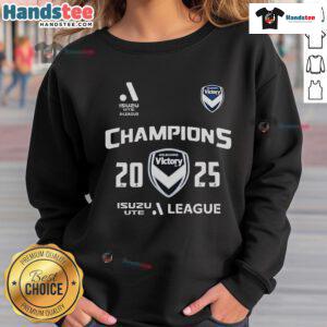 Official Melbourne City Victory Champions A-League 2025 sweatshirt showcasing team logo and vibrant colors.