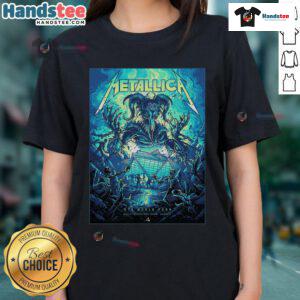 Alt Text: Official Metallica M72 Atlanta venue poster at Mercedes-Benz Stadium for the World Tour, featuring Ladies Tee design.