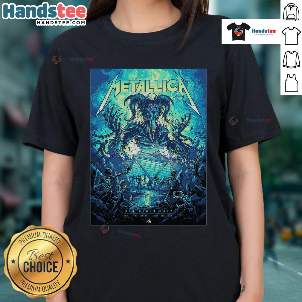 Alt Text: Official Metallica M72 Atlanta venue poster at Mercedes-Benz Stadium for the World Tour, featuring Ladies Tee design.