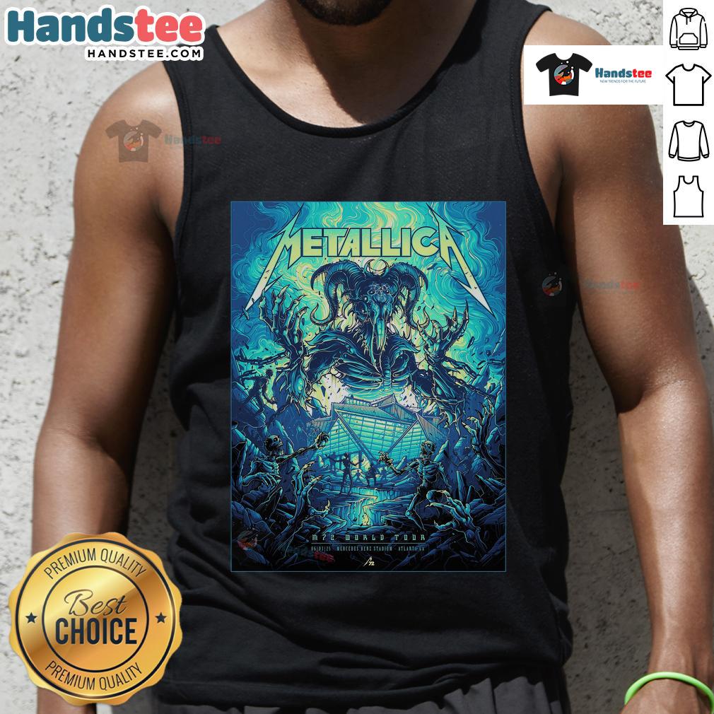 Official Metallica M72 Atlanta venue poster at Mercedes-Benz Stadium, showcasing their world tour on a tank top.
