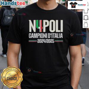 Official Napoli N4Poli Champions D'Italia 2024 2025 T-Shirt featuring vibrant team colors and logo design.
