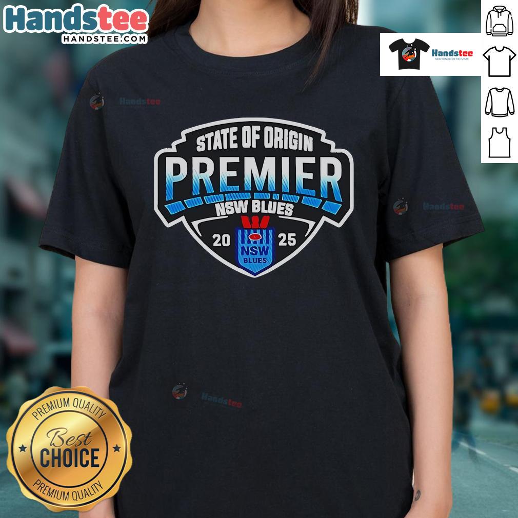 Alt Text: Official New South Wales Blues Back to Back 2025 Primers Ladies Tee featuring team colors and logo design.