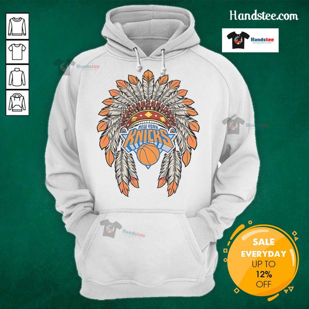 Official New York Knicks Native American logo hoodie featuring vibrant colors and stylish design for fans.