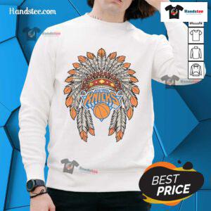 Alt Text: Official New York Knicks Native American logo sweatshirt featuring bold graphics and comfortable fit for fans.