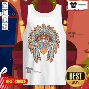 Official New York Knicks Native American logo tank top featuring vibrant colors and unique design for basketball fans.