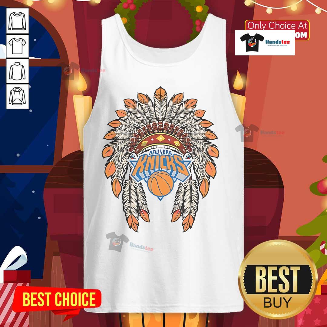 Official New York Knicks Native American logo tank top featuring vibrant colors and unique design for basketball fans.